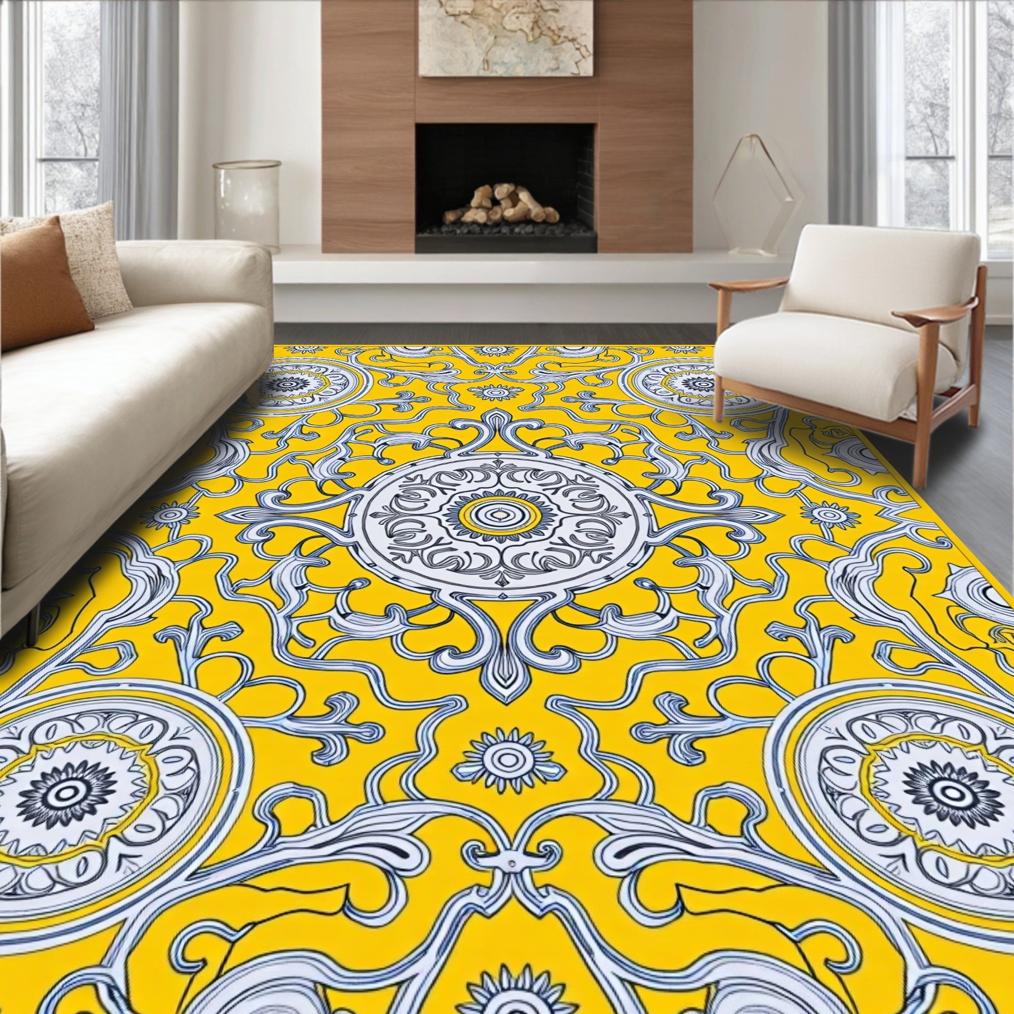 Vibrant Yellow Ivory Scroll Medallion Rug