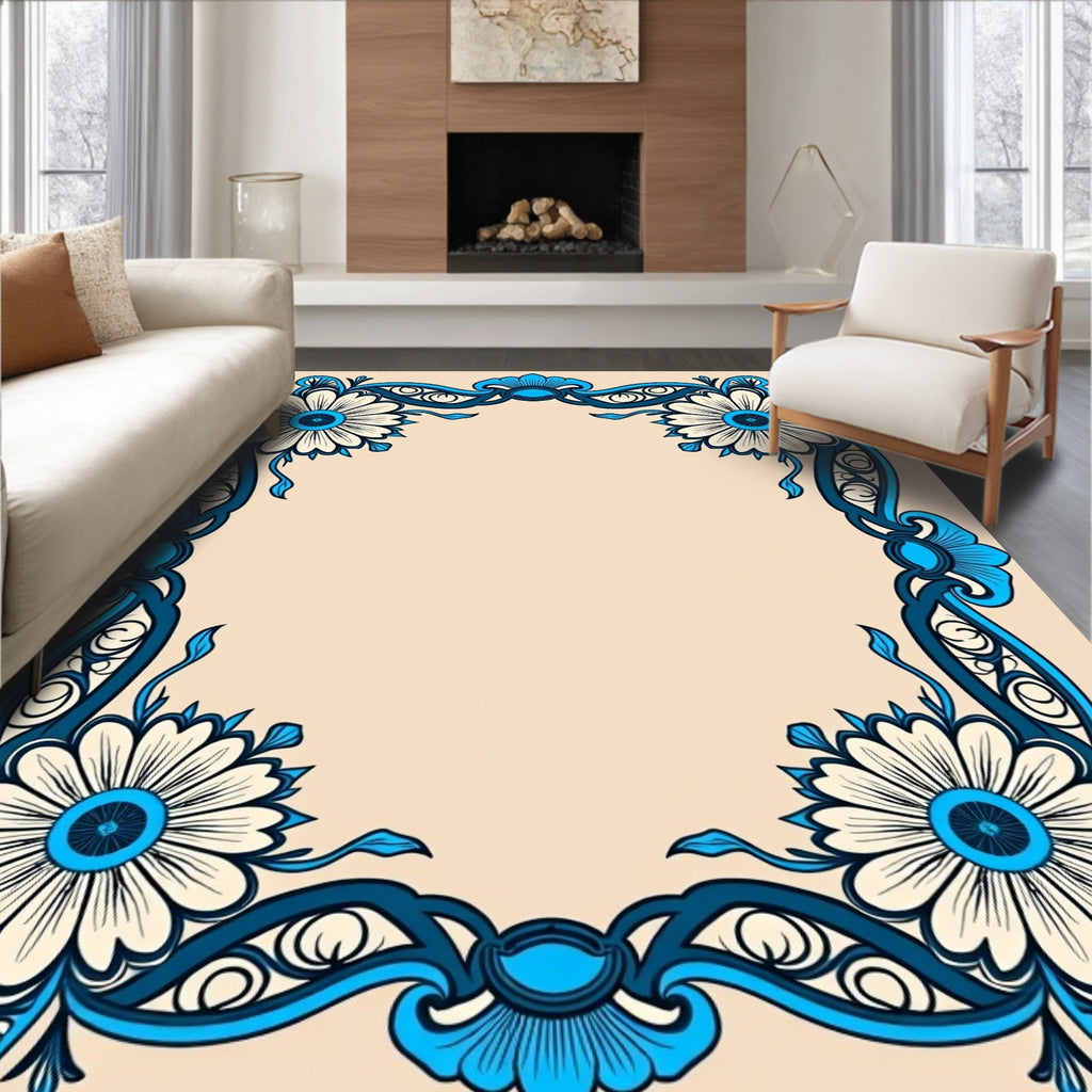 Ornate Blue Floral Border With Centerpiece Rug