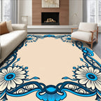 Ornate Blue Floral Border With Centerpiece Rug