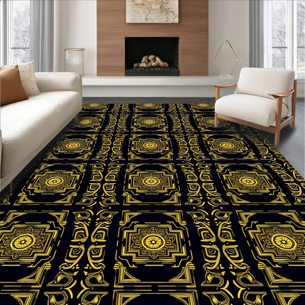 Golden Art Deco Geometric Square Rug