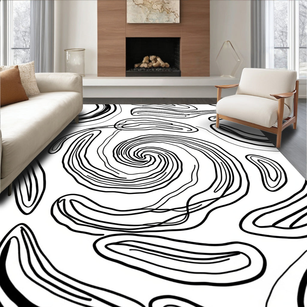 Abstract Black Swirl Organic Shape Rug