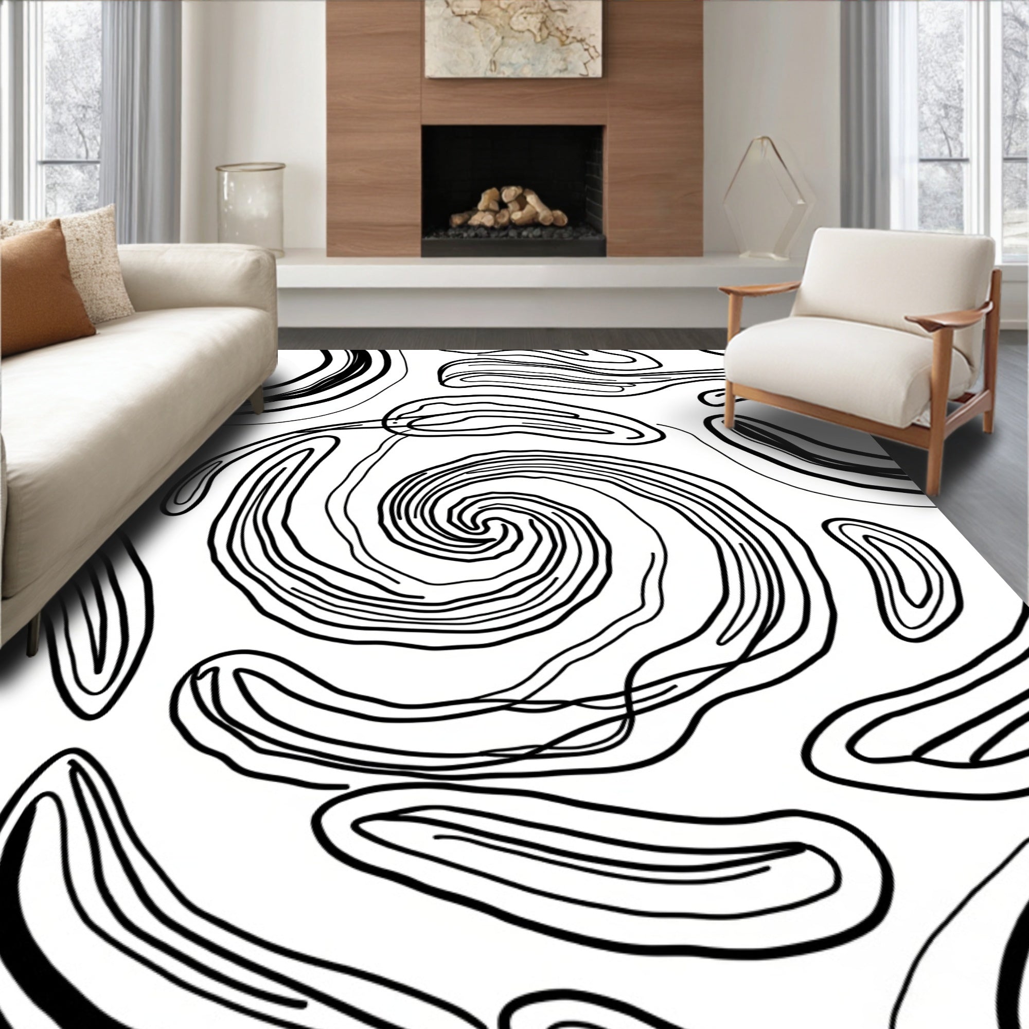 Abstract Black Swirl Organic Shape Rug