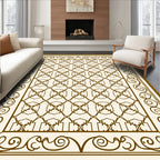 Brown Beige Lattice Scrollwork Frame Rug