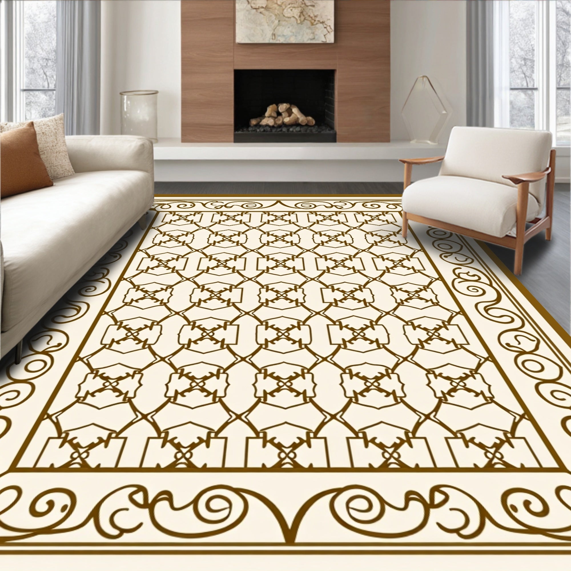 Brown Beige Lattice Scrollwork Frame Rug