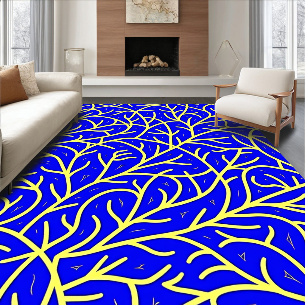 Vibrant Blue Yellow Botanical Network Rug