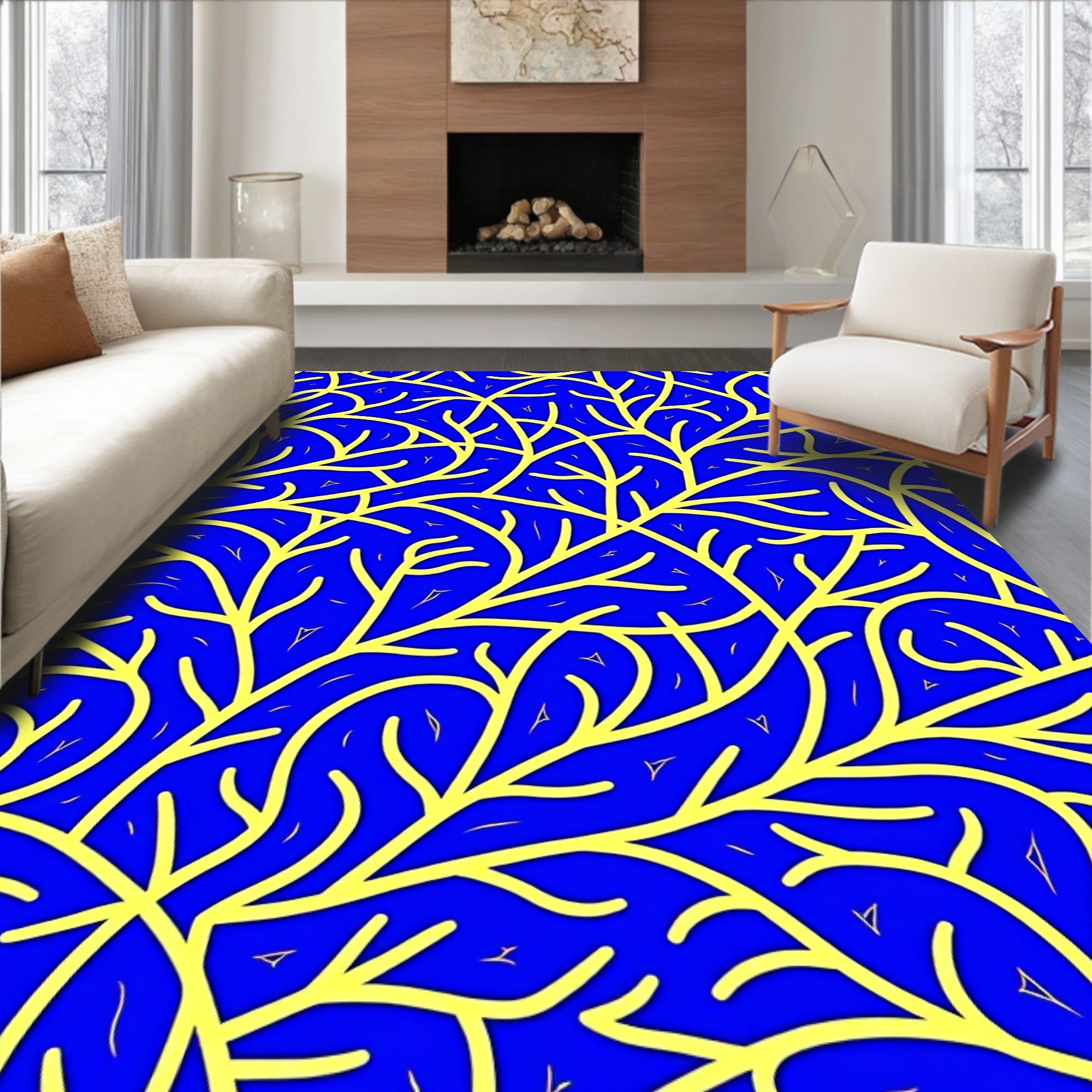Vibrant Blue Yellow Botanical Network Rug
