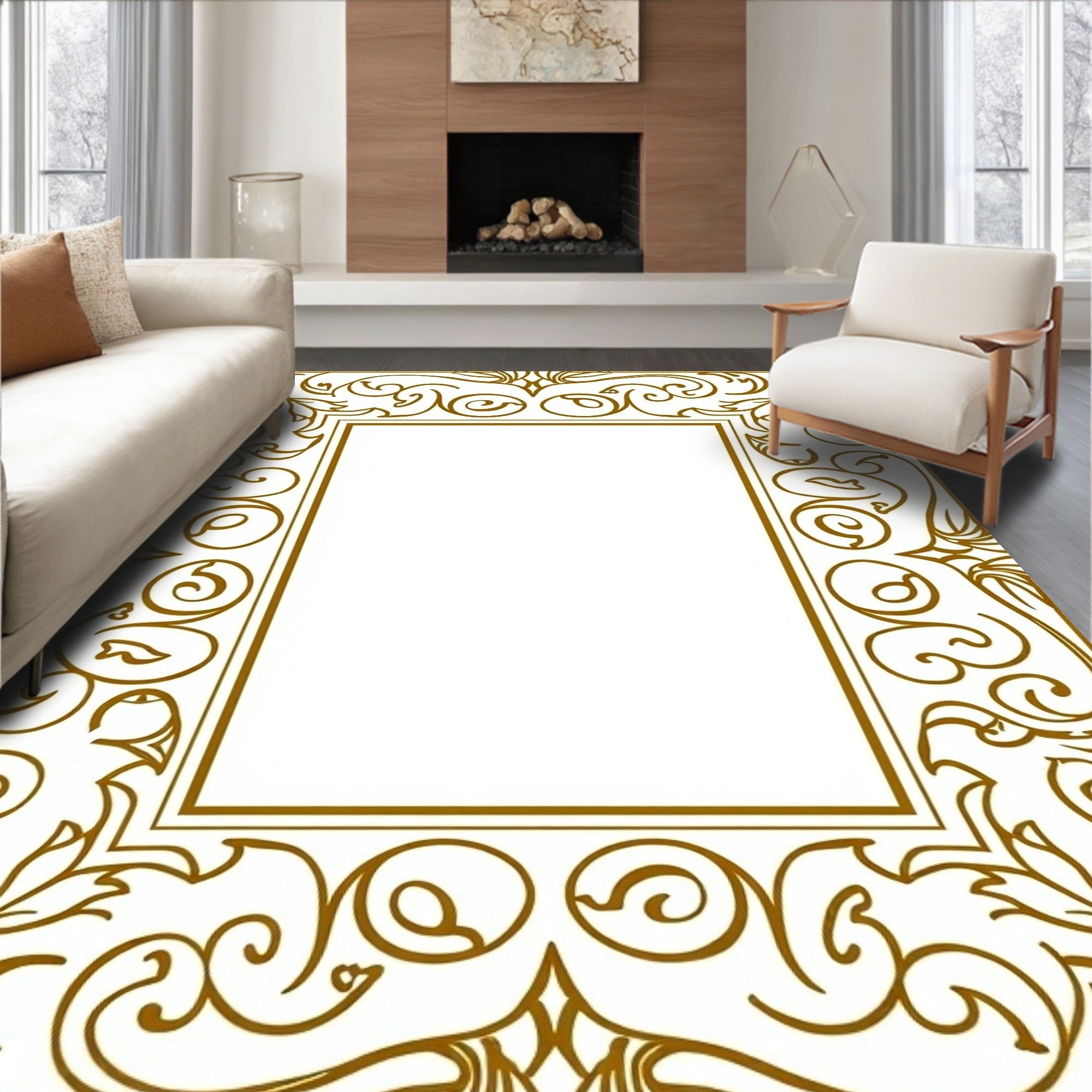 Golden Swirl Floral Filigree Border Rug