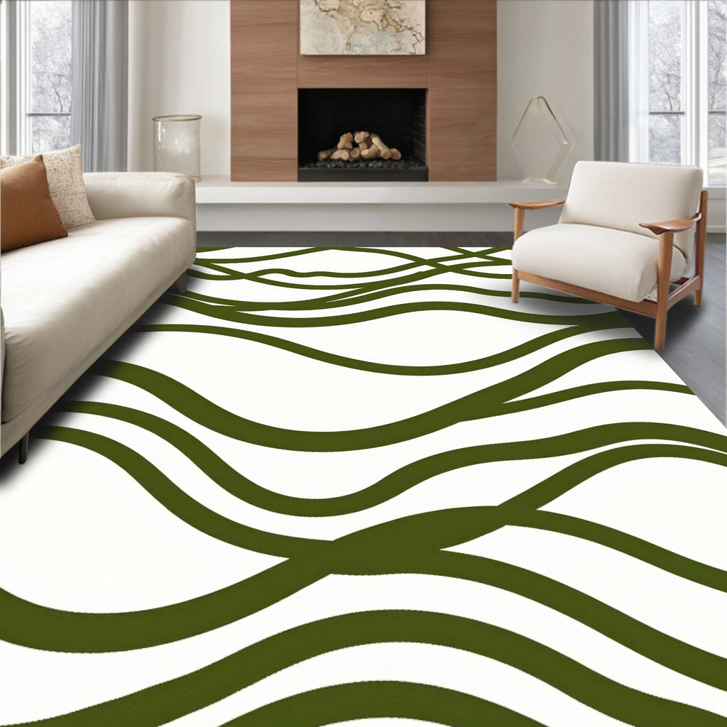 Rich Olive Abstract Wave Lines Rug