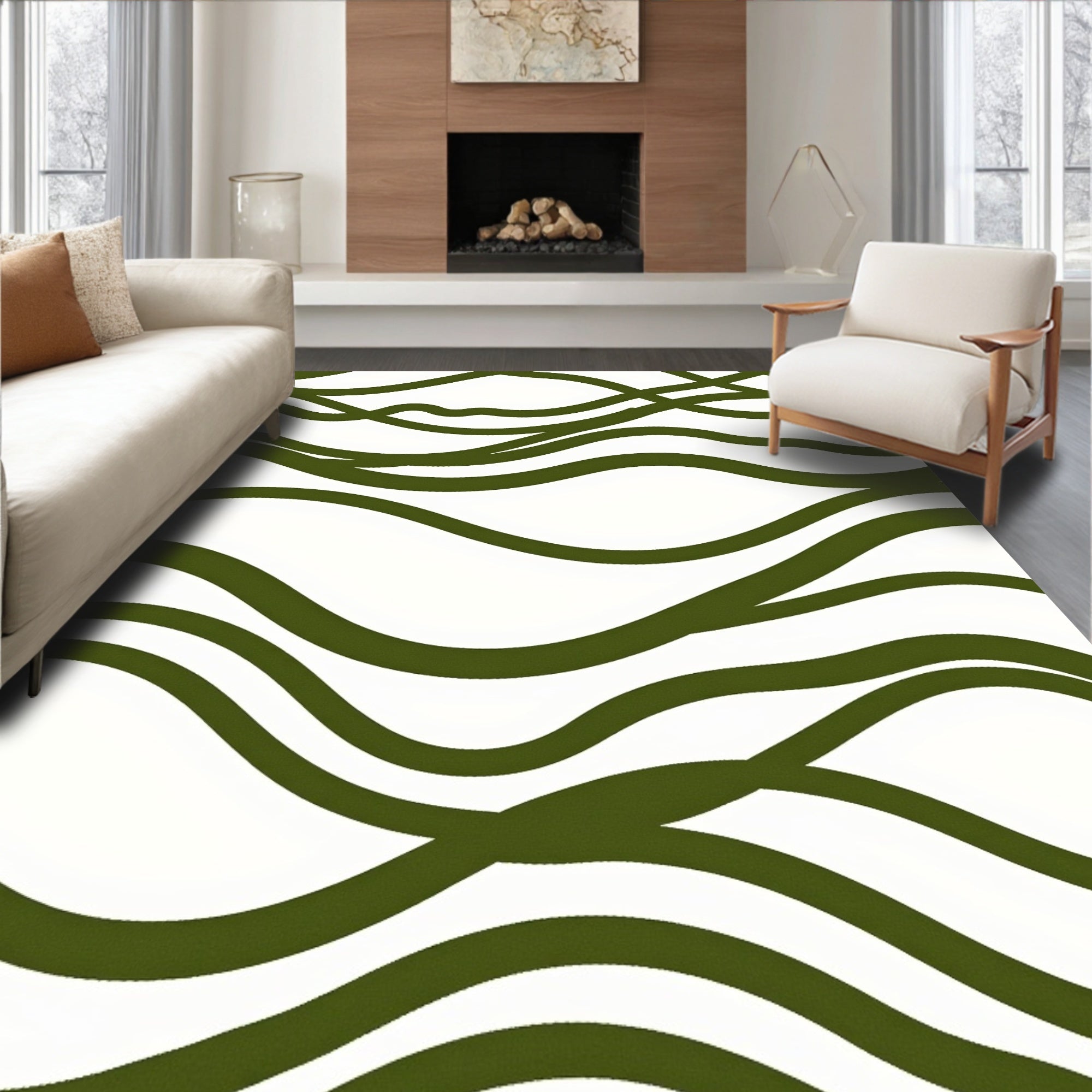 Rich Olive Abstract Wave Lines Rug
