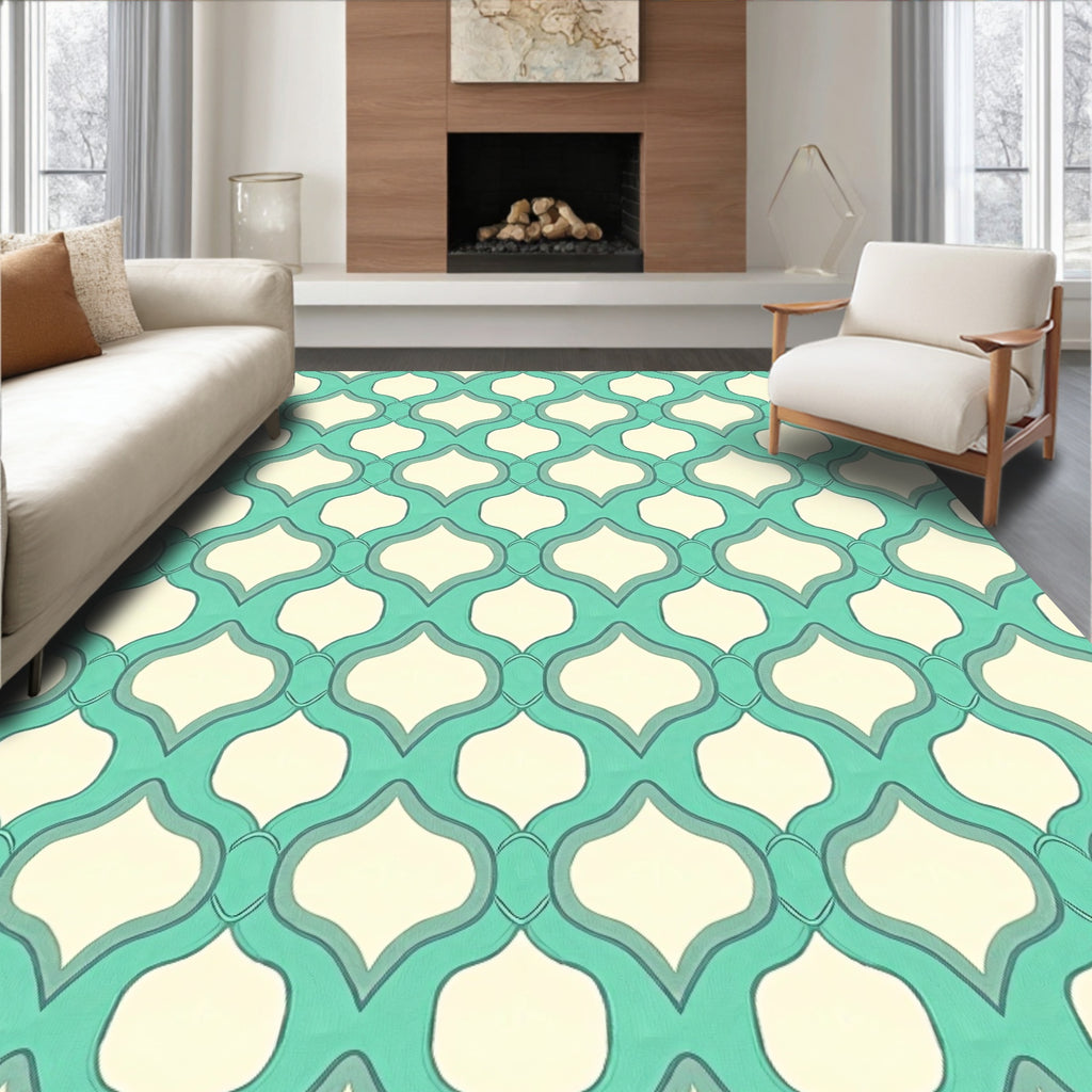 Aqua Cream Quatrefoil Geometric Rug