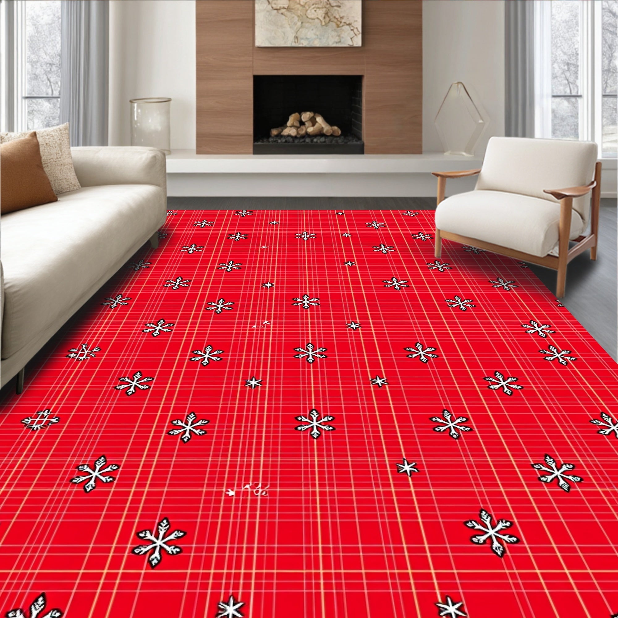 Classic Red Snowflakes Plaid Rug