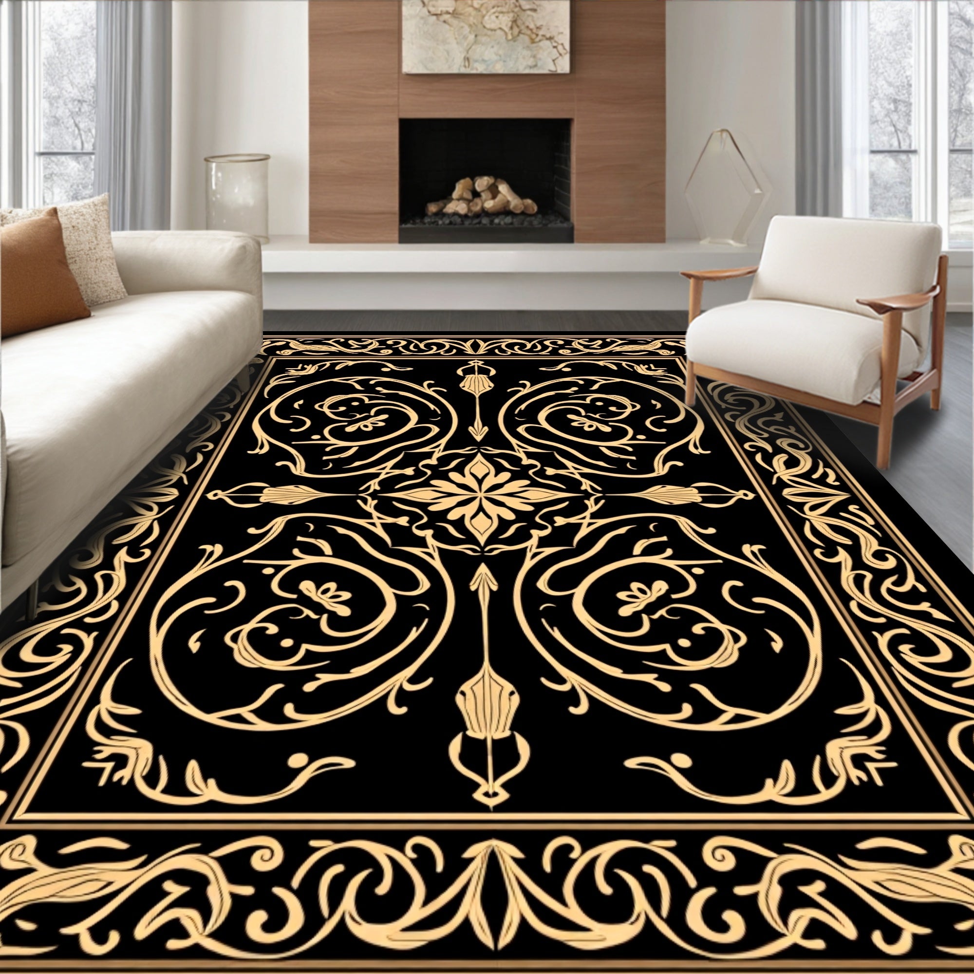 Ornate Gold Black Floral Swirl Rug