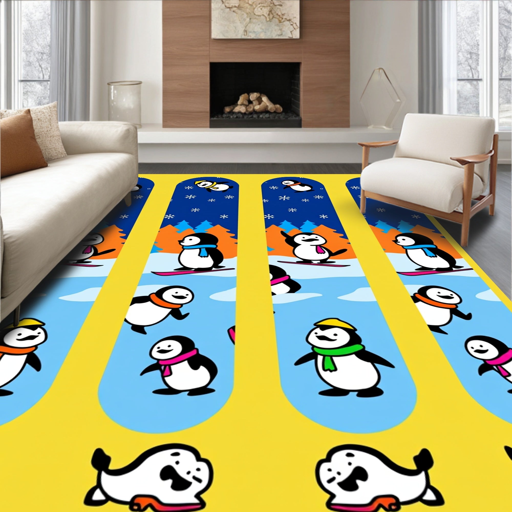 Winter Penguin Skiing Snowflakes Scene Rug