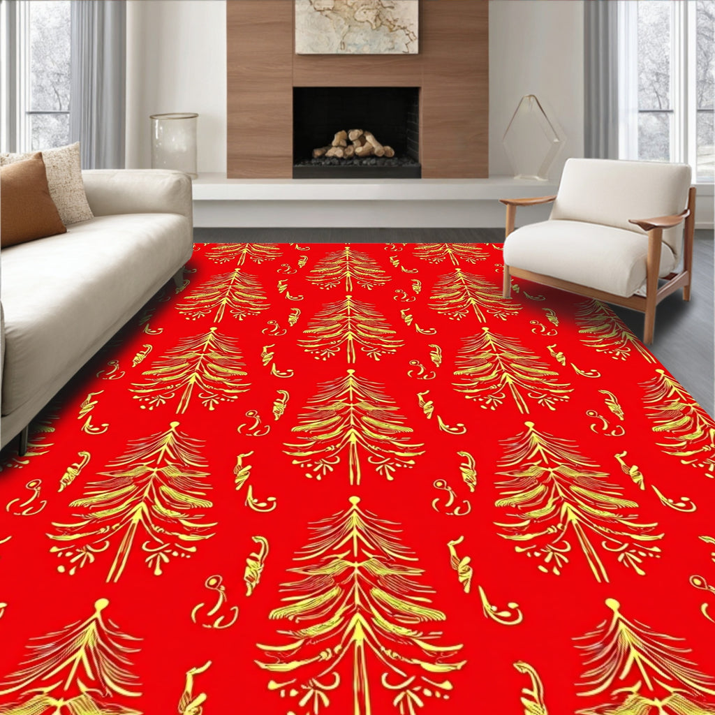 Golden Pine Tree Holiday Red Rug