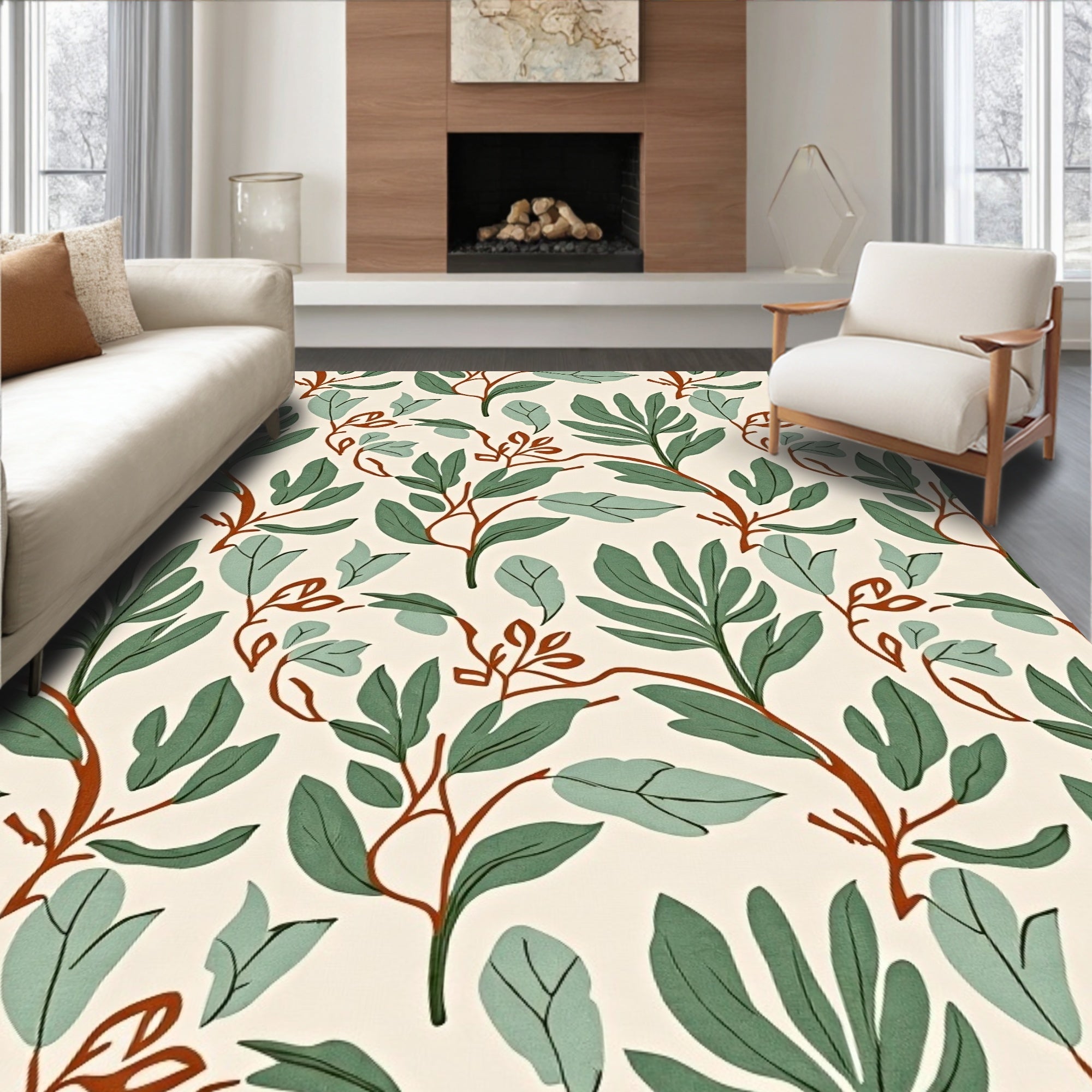 Earthy Green Botanical Leaf Arrangement Rug