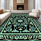 Black Floral Medallion Aqua Yellow Contrast Rug
