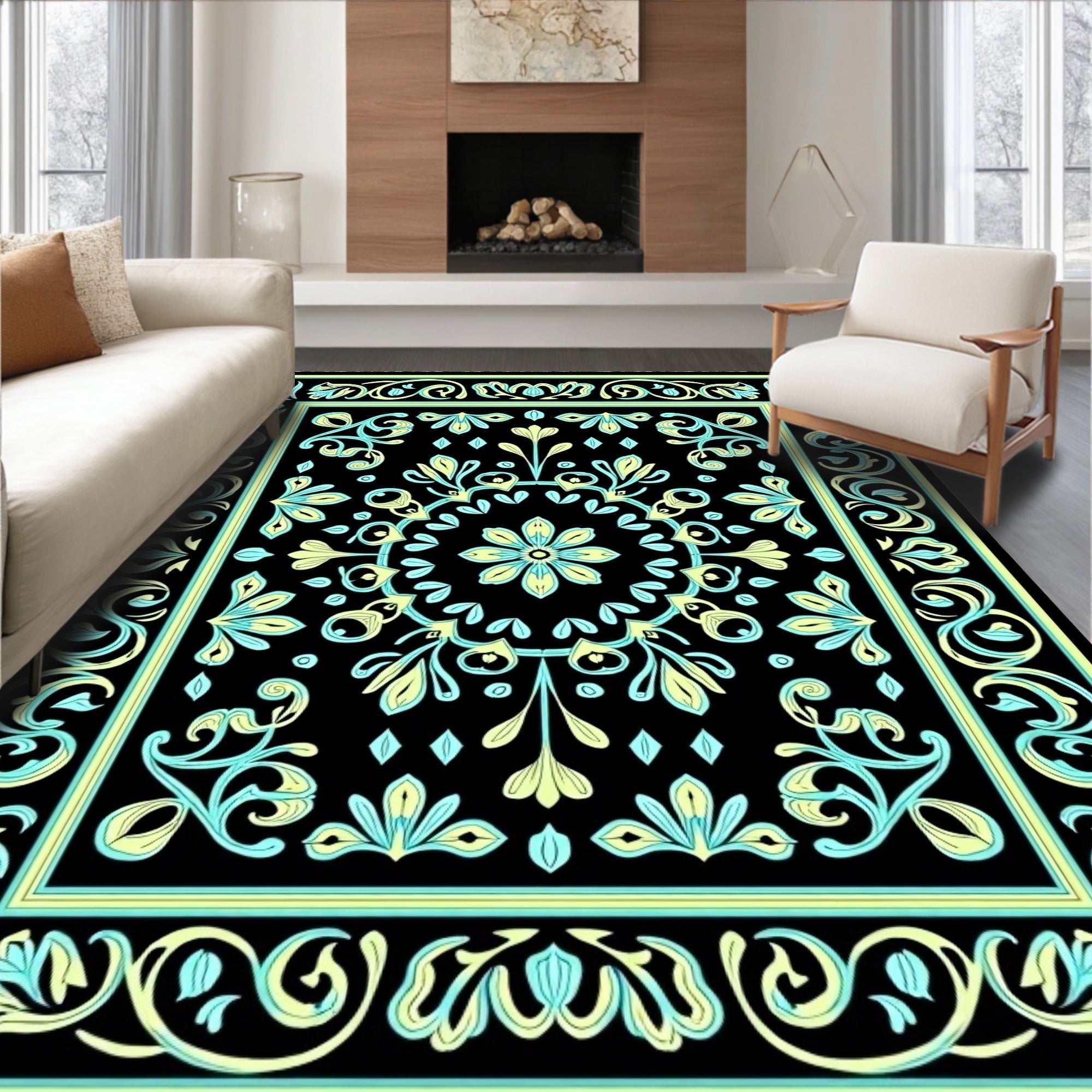 Black Floral Medallion Aqua Yellow Contrast Rug