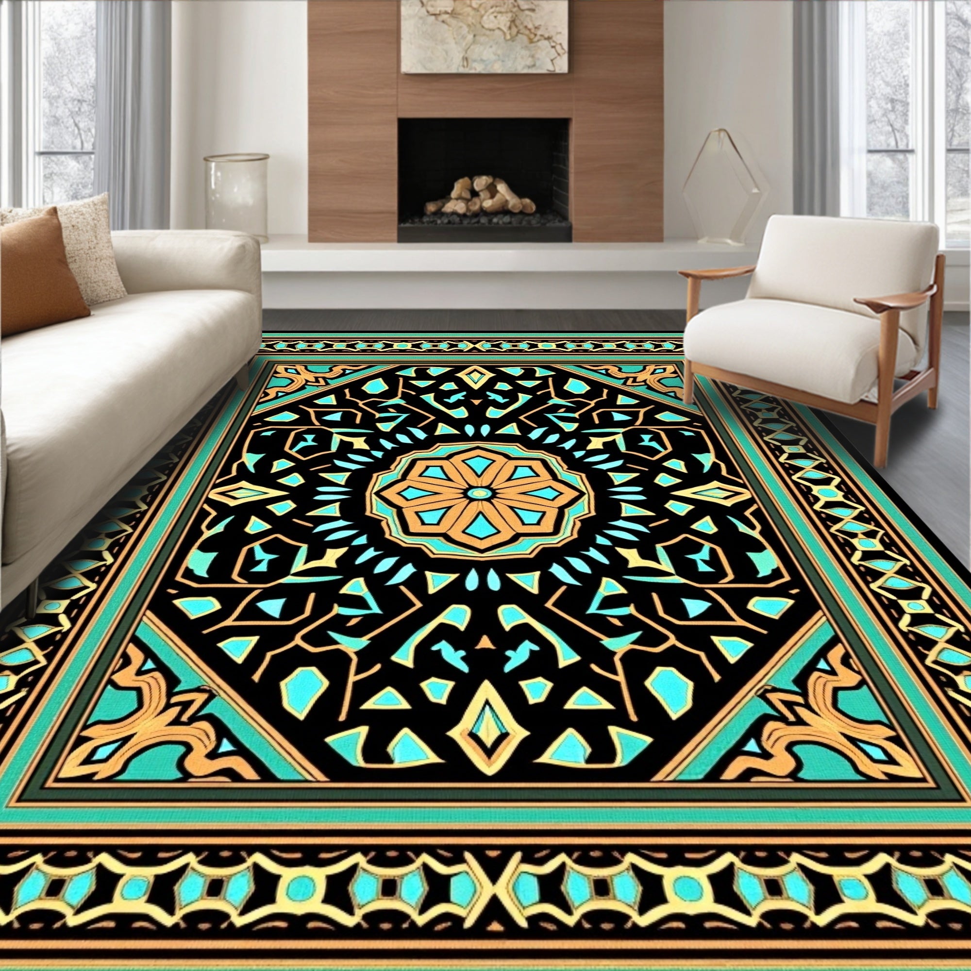 Ornate Black Teal Gold Geometric Medallion Rug