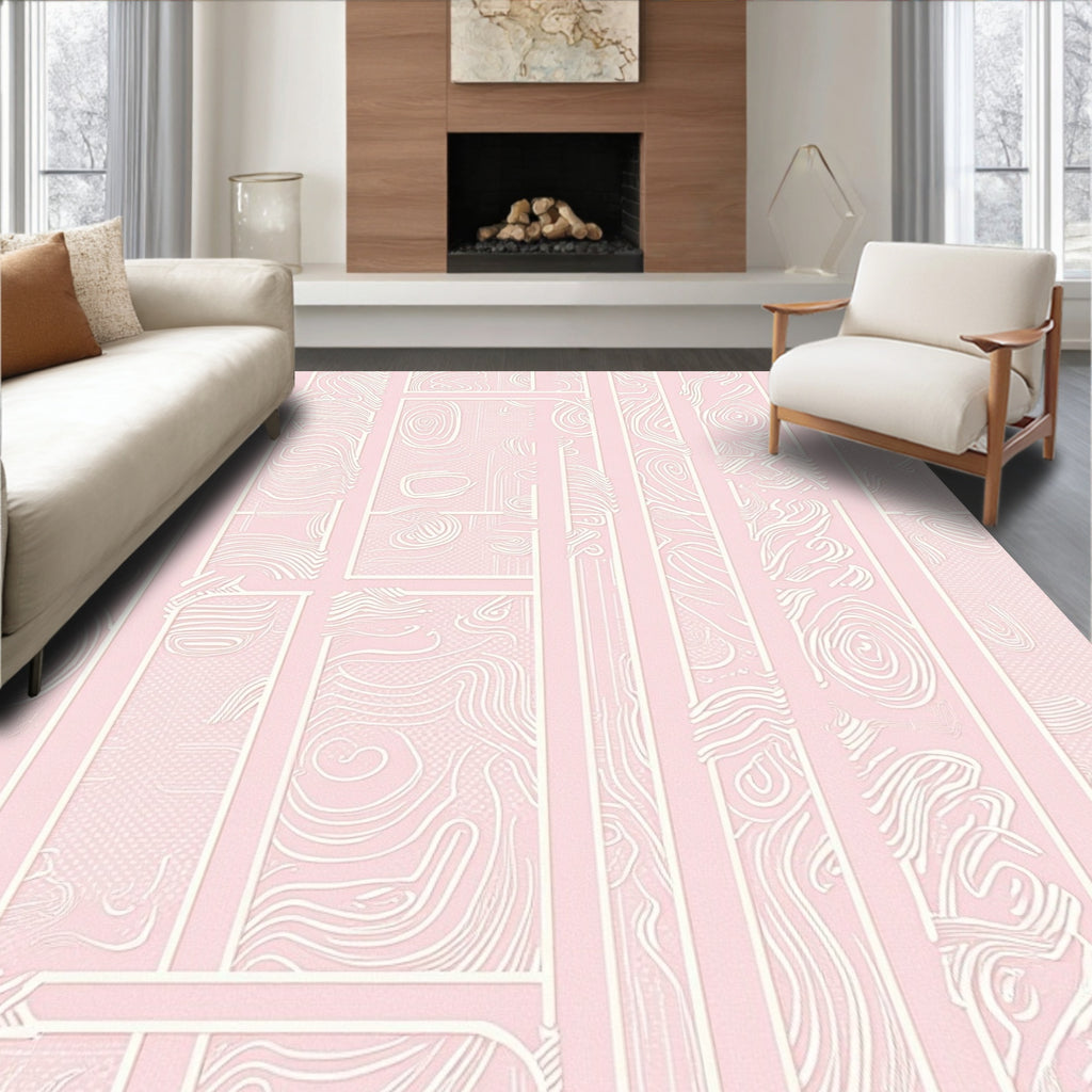 Soft Pink Curlicue Geometric Panels Rug
