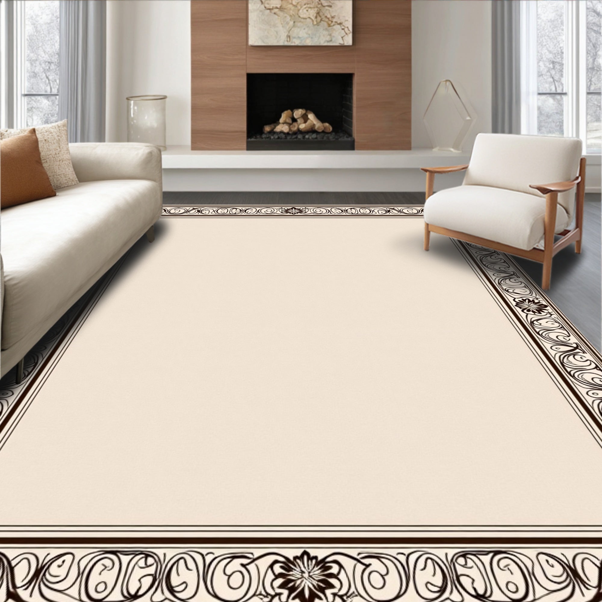 Elegant Chocolate Swirl Floral Border Rug
