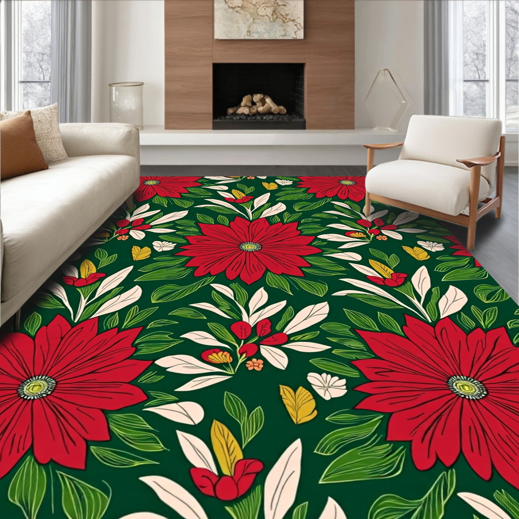 Vibrant Red Floral Garden Green Rug