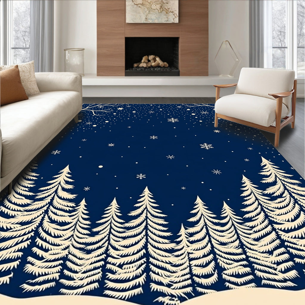 Midnight Winter Forest Snowfall Scene Rug