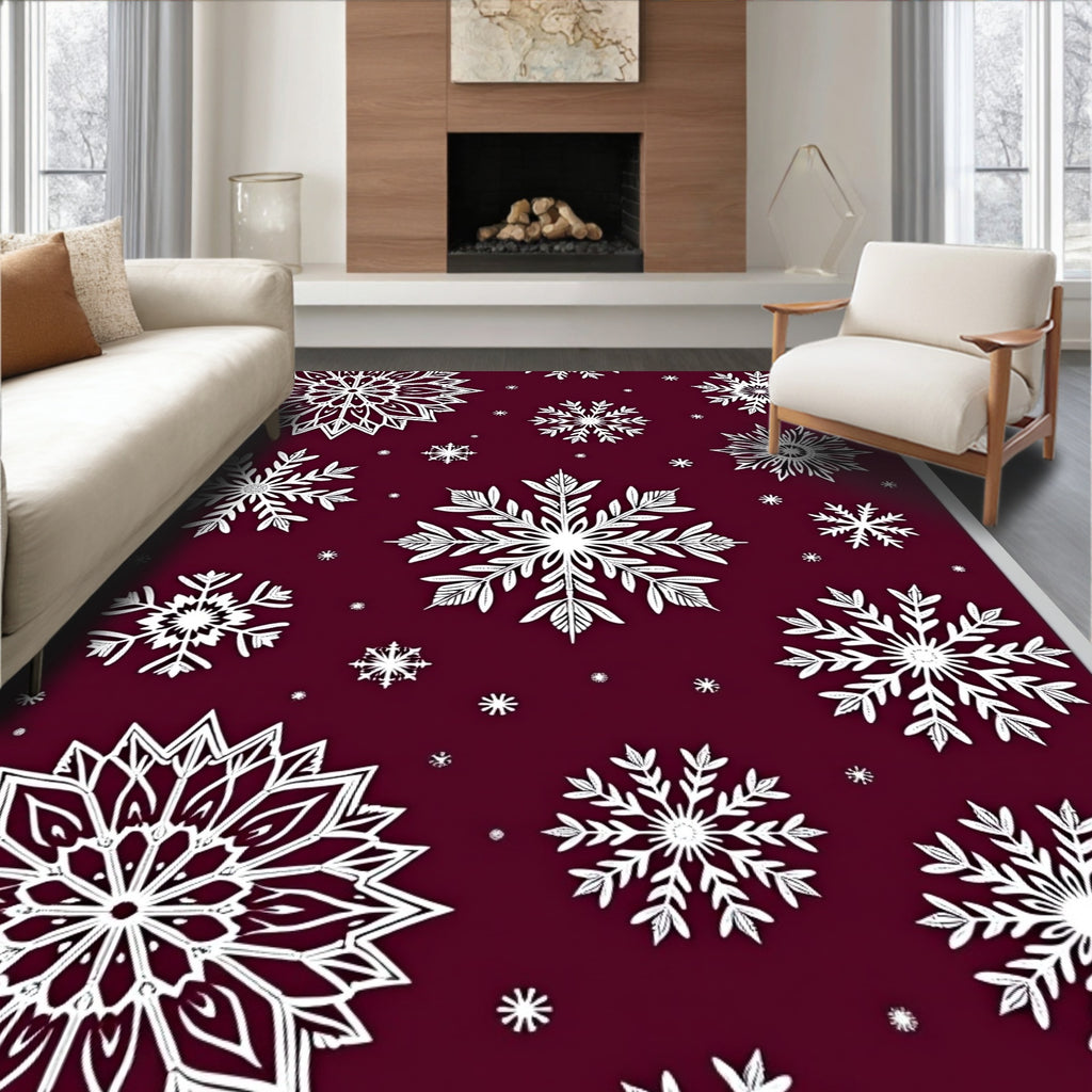 Winter White Snowflake Burgundy Background Rug