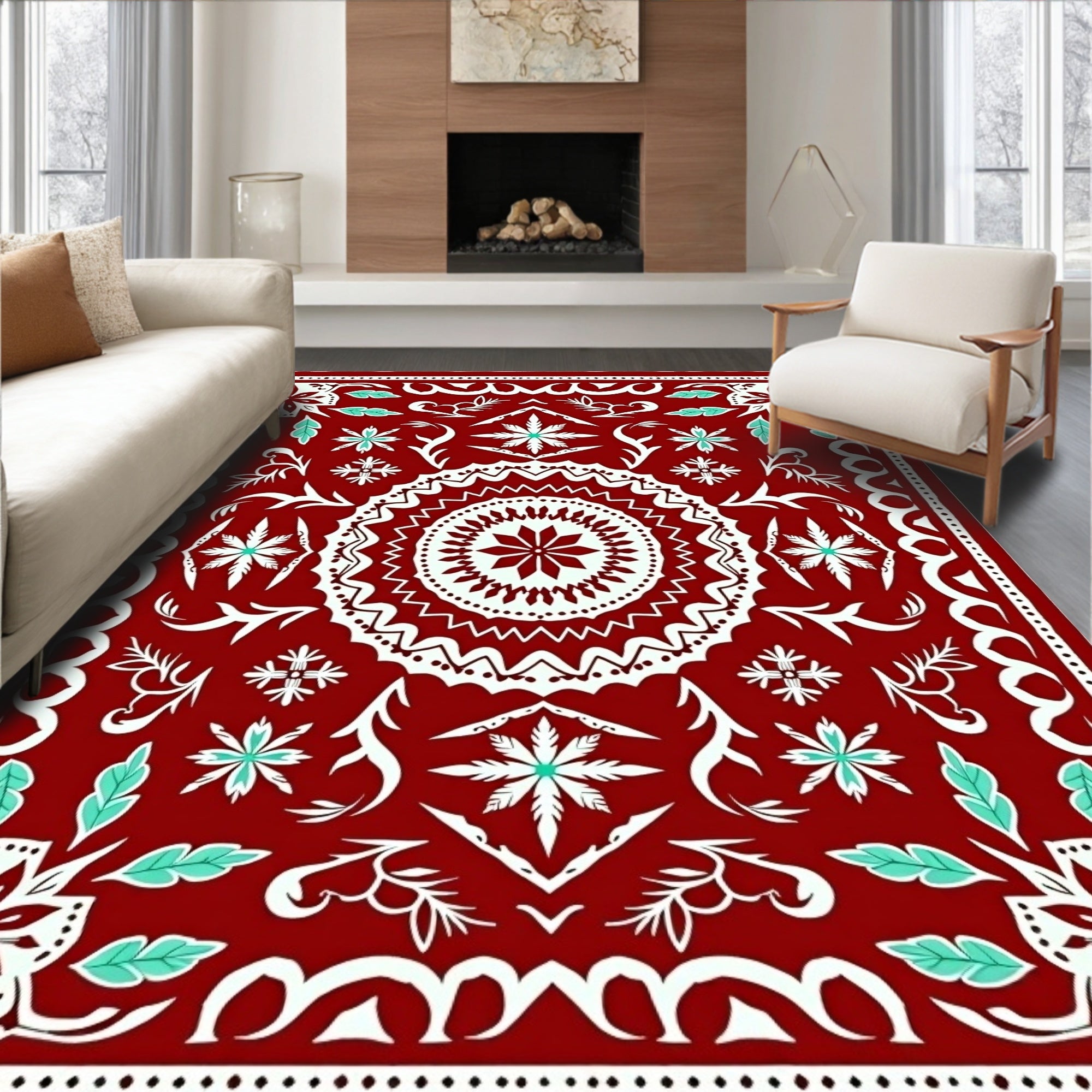 Crimson Tribal Medallion and Leaf Rug