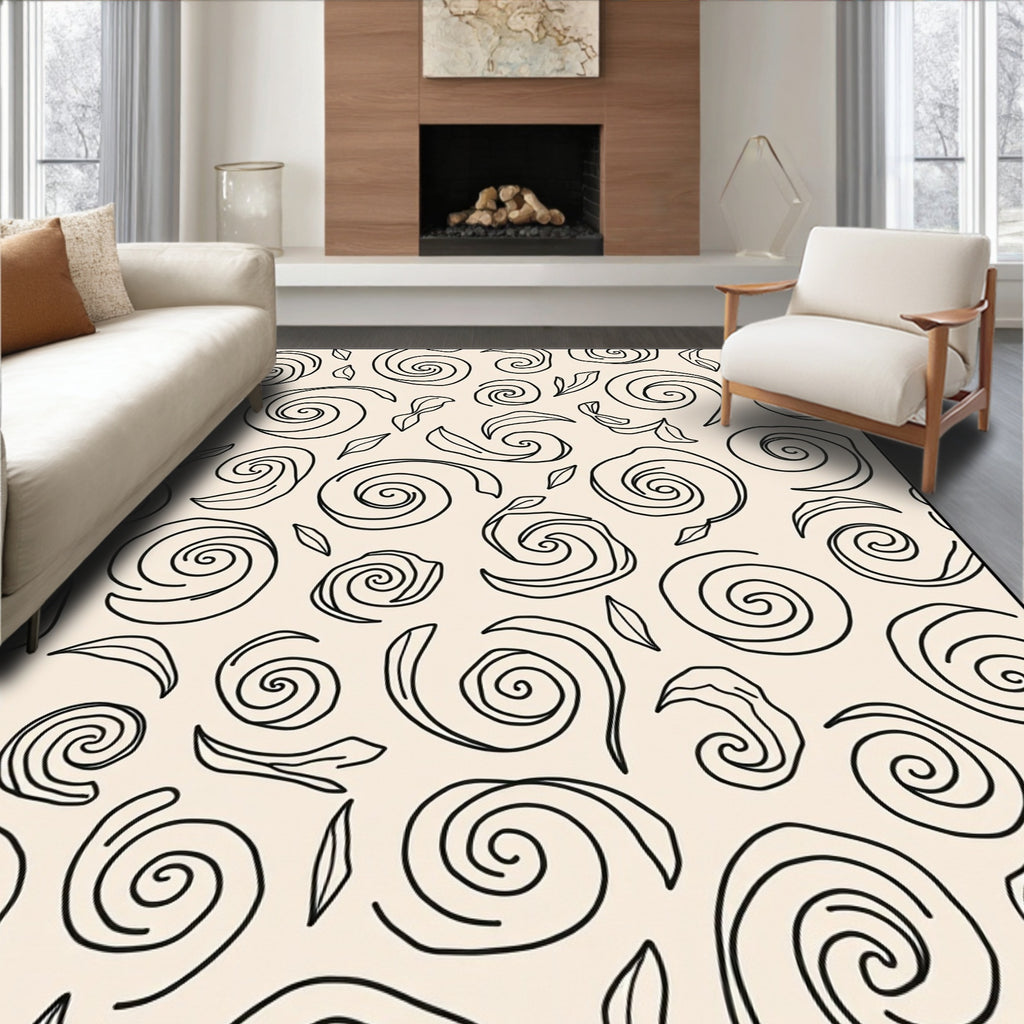 Ecru Black Swirling Filigree Scroll Rug