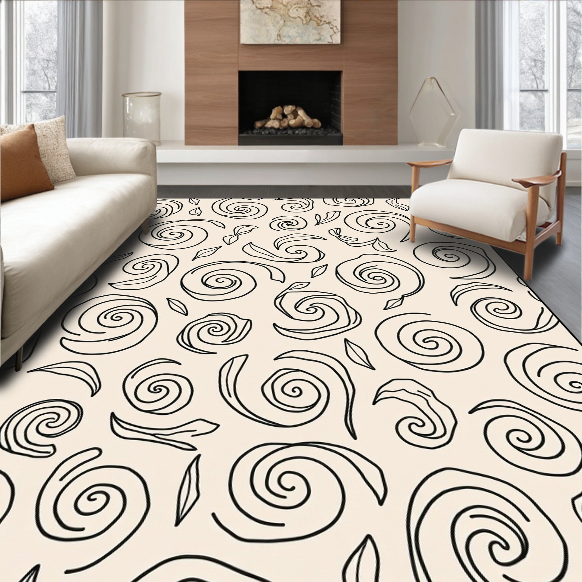 Ecru Black Swirling Filigree Scroll Rug