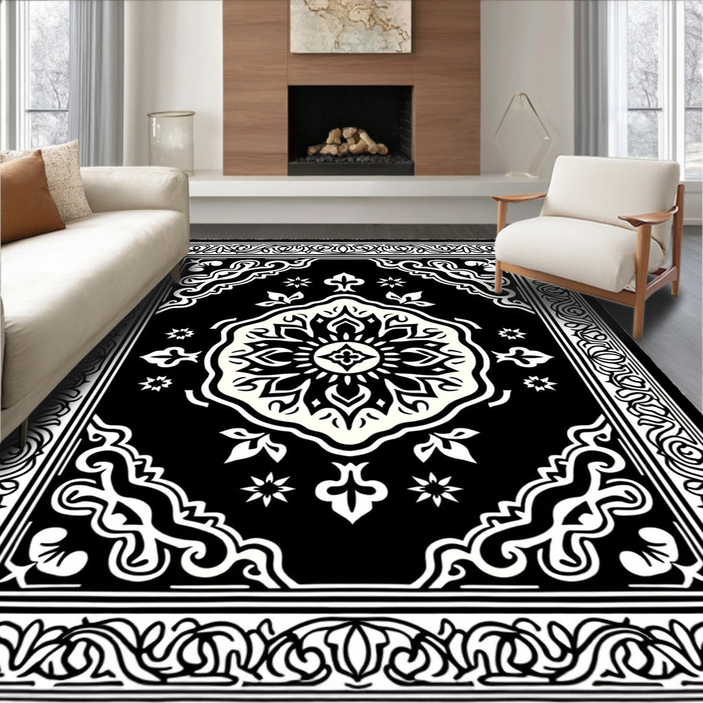 Classic Black White Medallion Border Rug