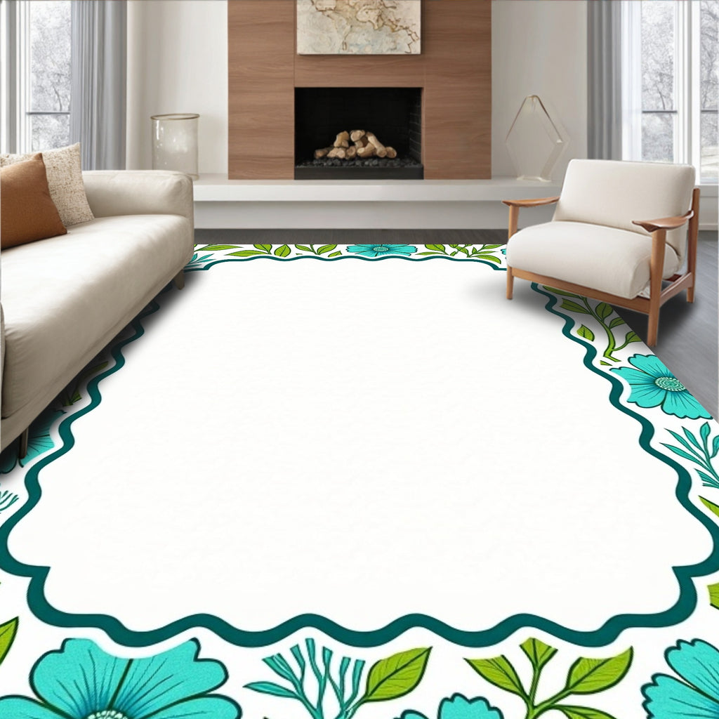 Turquoise Floral Branch Border Rug