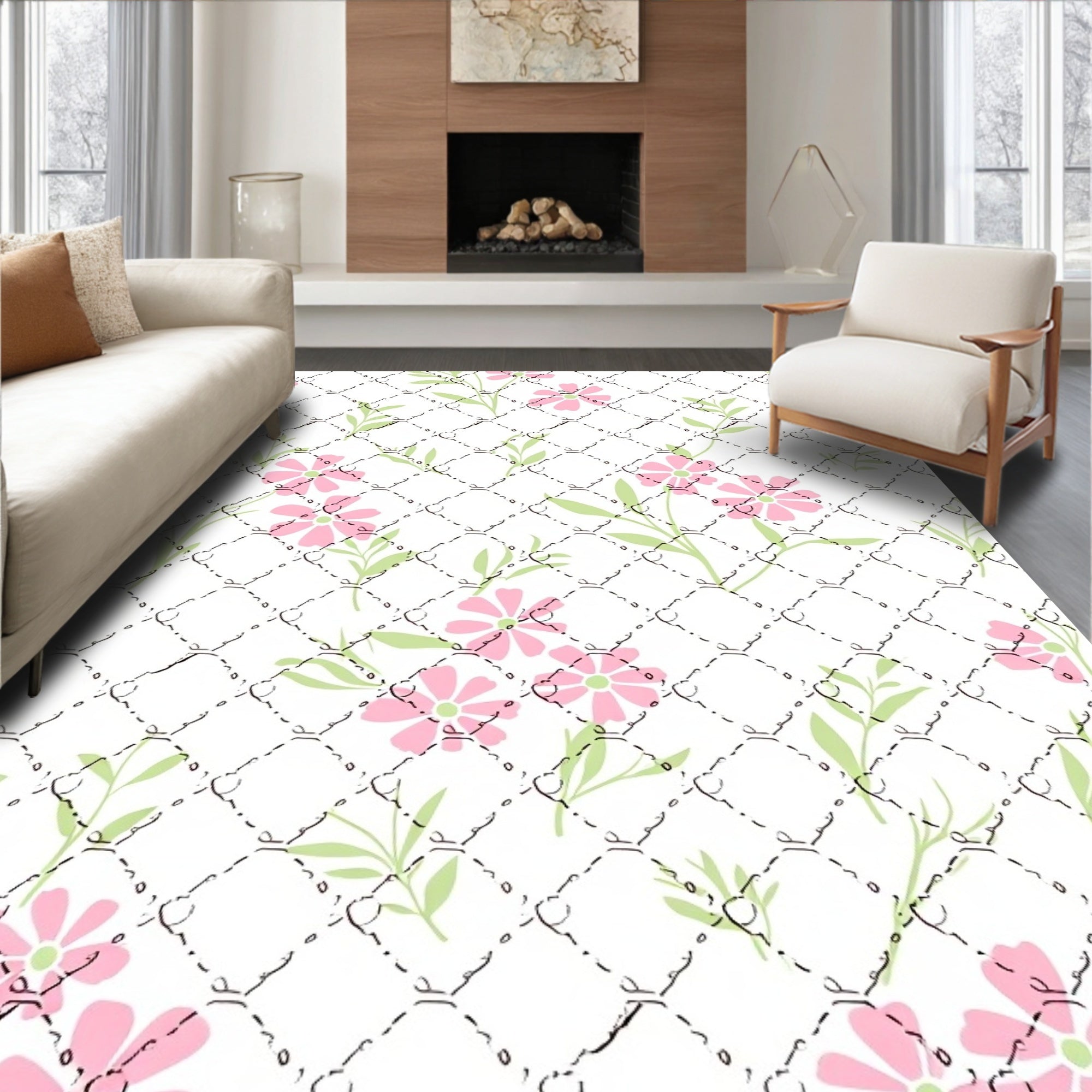 Pastel Pink Floral Quilted Lattice Rug