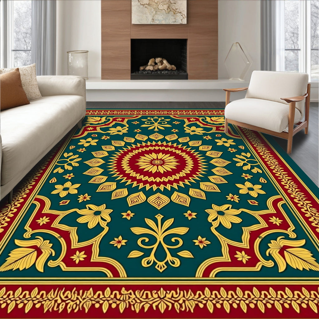Deep Teal Floral Medallion Border Rug
