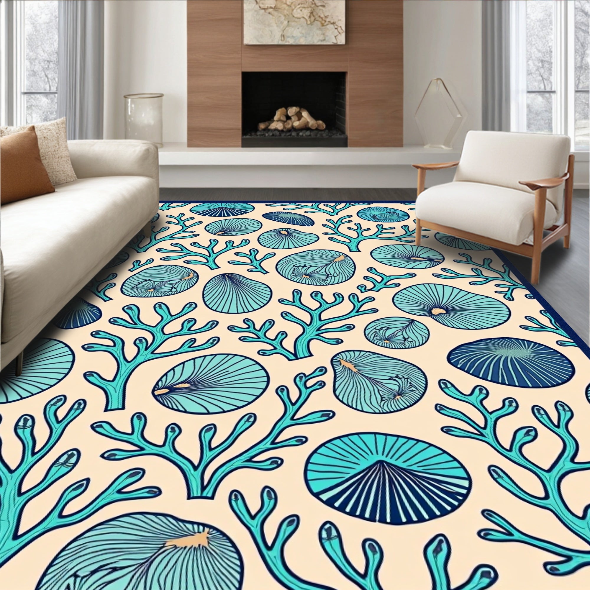 Coastal Teal Coral Shell Collection Rug