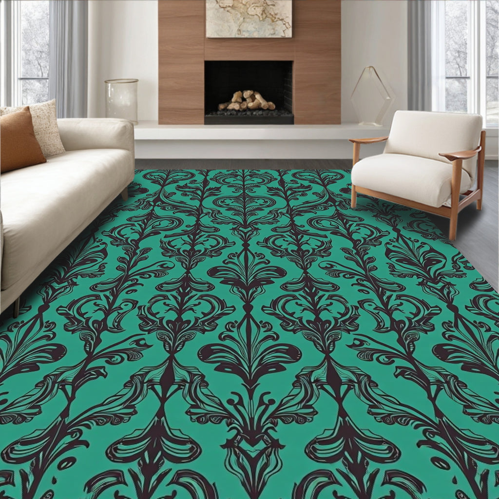 Teal Black Ornate Damask Floral Rug