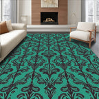Teal Black Ornate Damask Floral Rug