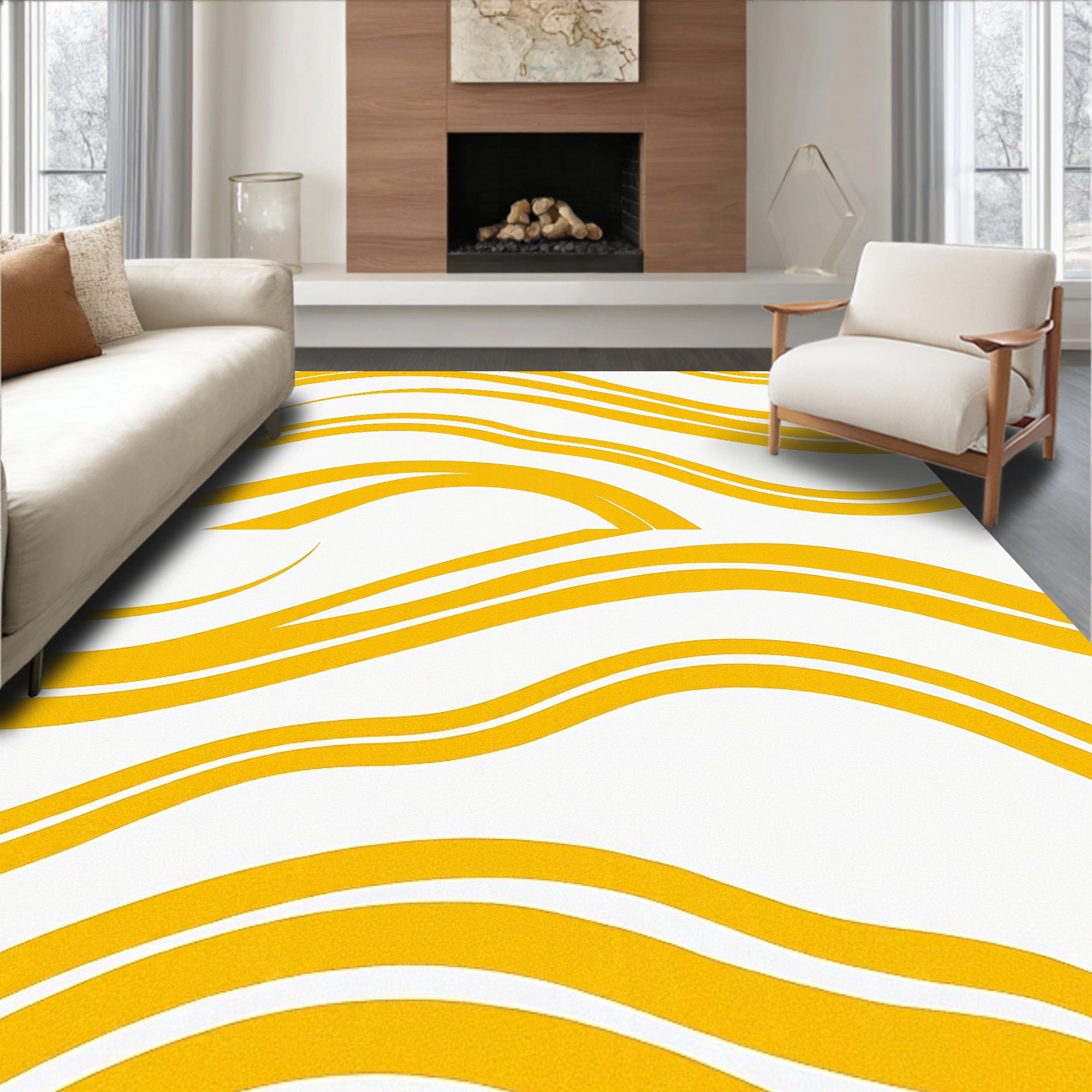 Golden Wavy Stripe Abstract Rug