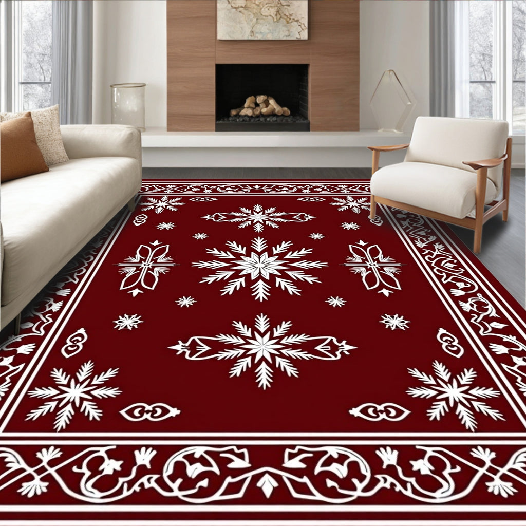 Crimson Snowflakes Ornate Border Rug