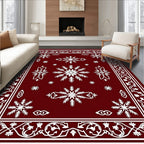 Crimson Snowflakes Ornate Border Rug