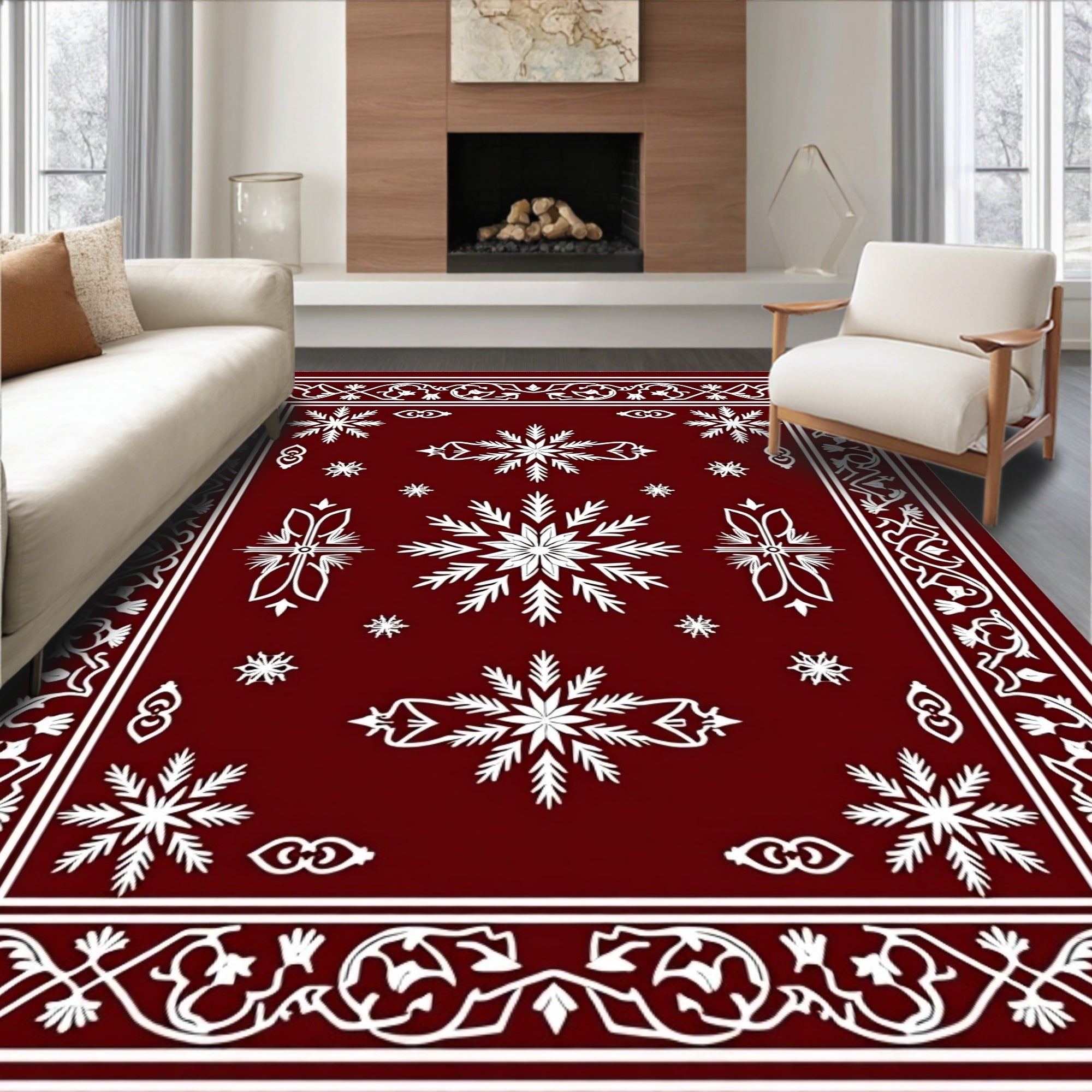 Crimson Snowflakes Ornate Border Rug