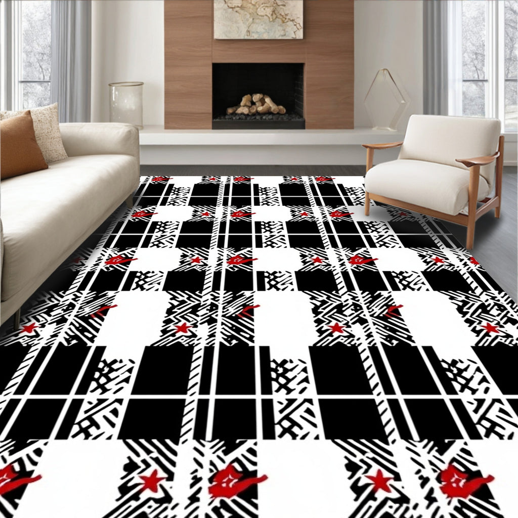 Black White Red Star Plaid Rug