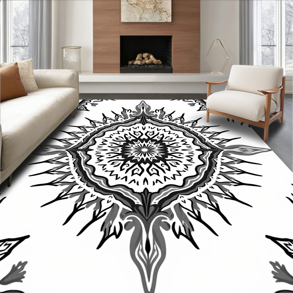 Monochromatic Floral Medallion Sunburst Rug