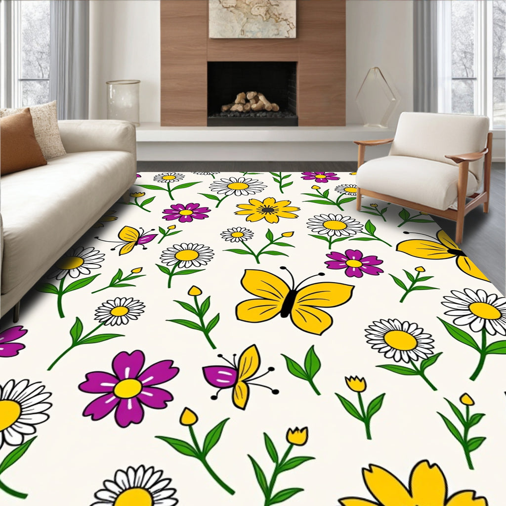 Whimsical Yellow Daisy Butterfly Garden Rug