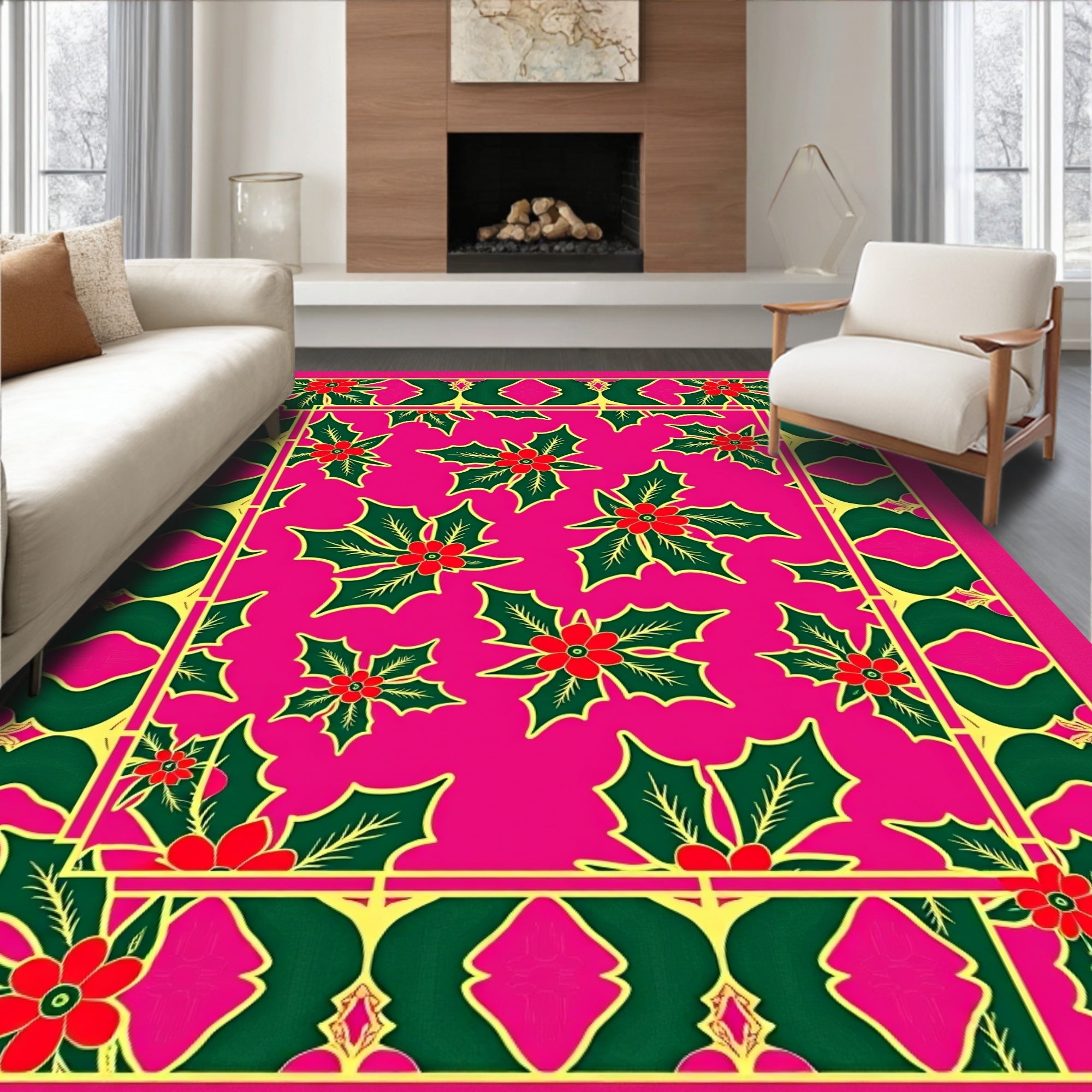 Radiant Pink Holly Berry Border Rug