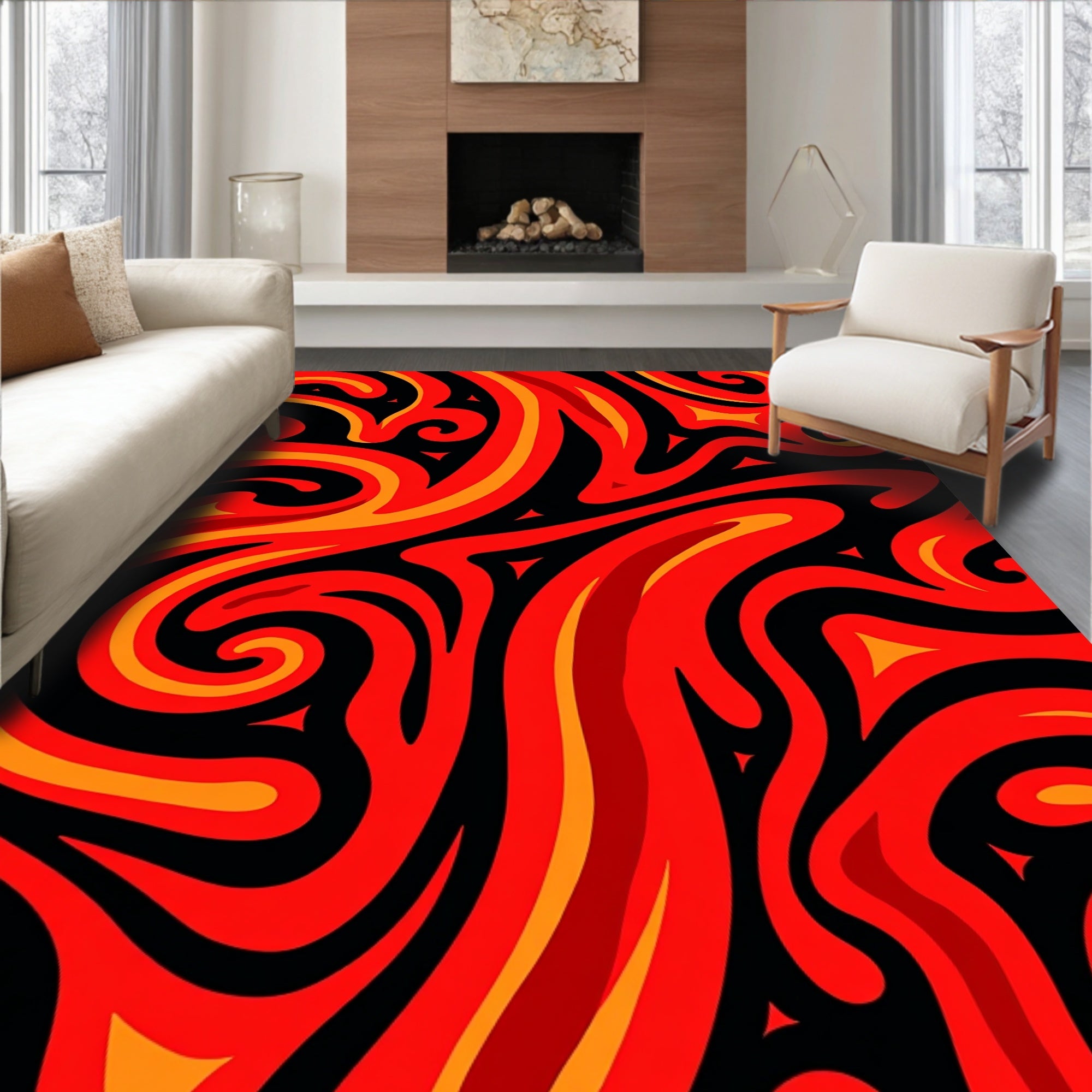 Fiery Red Swirls Tribal Rug