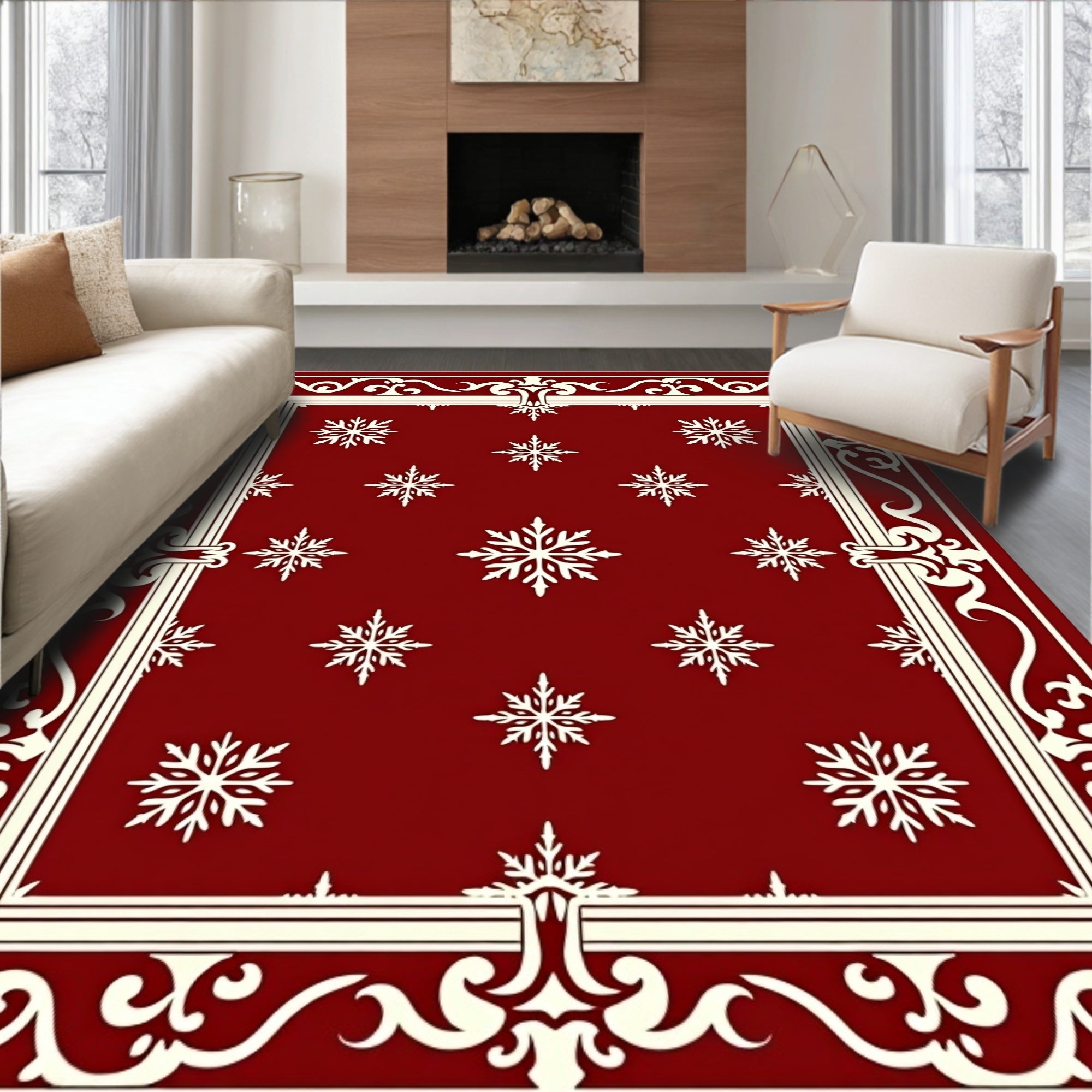 Deep Red Snowflake Border Rug