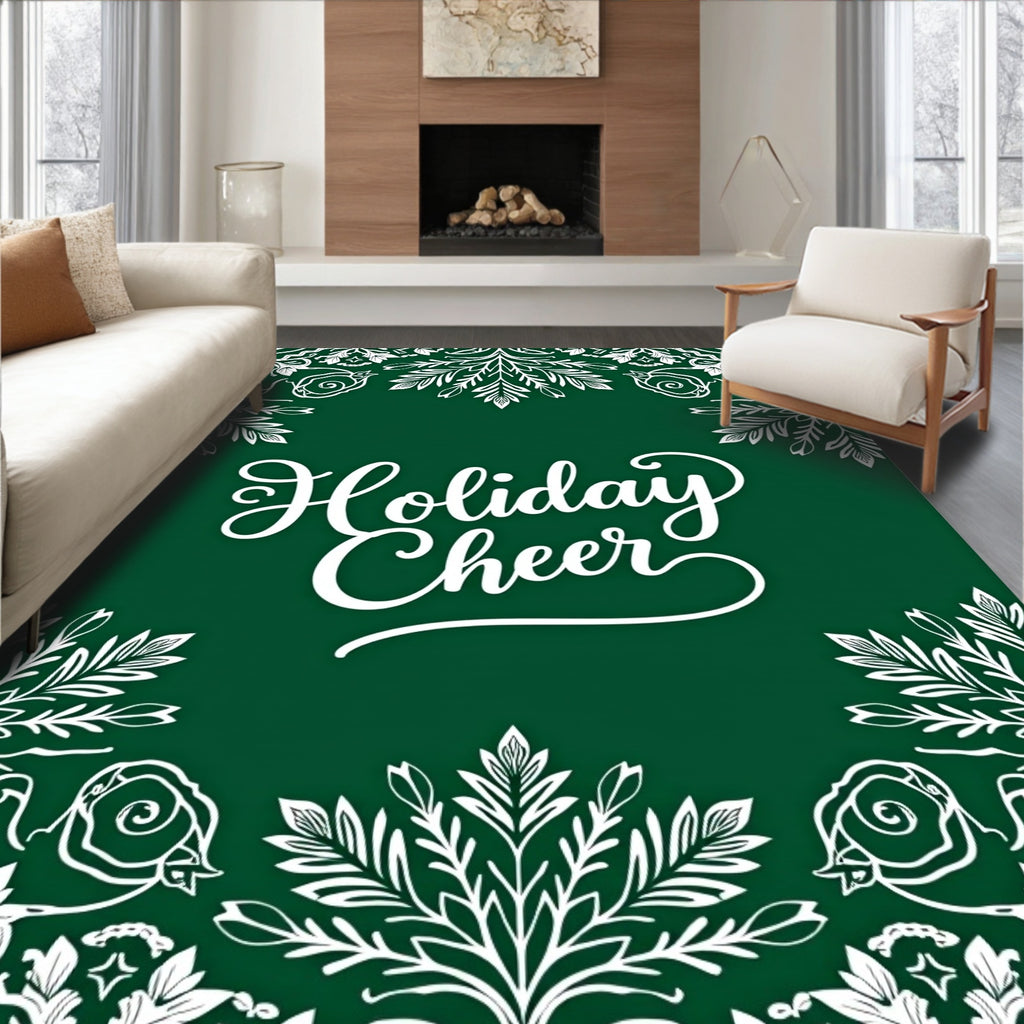 White Floral Border Green Background Rug