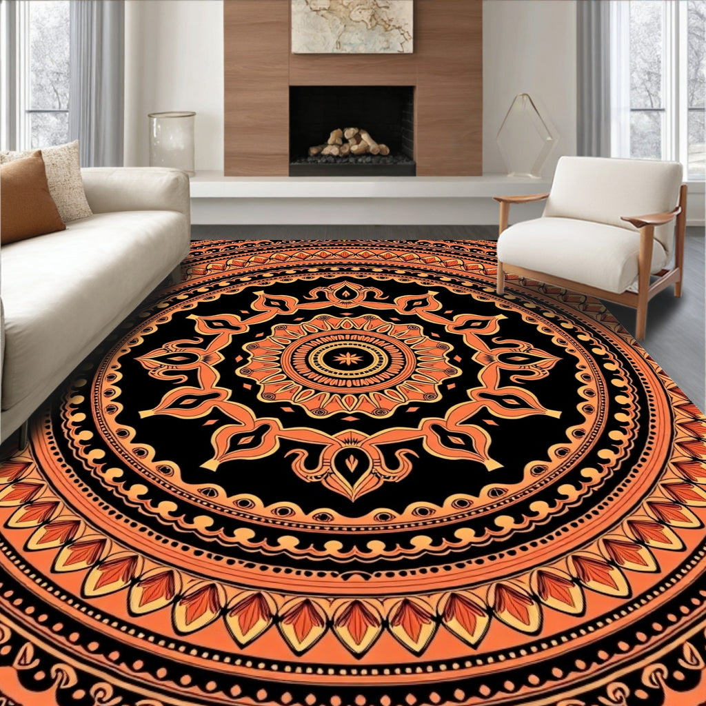 Vibrant Orange Black Mandala Round Rug