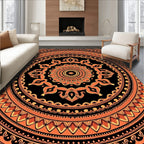 Vibrant Orange Black Mandala Round Rug